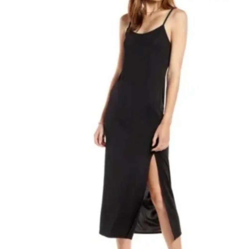 LIKE NEW Something Navy Black Slinky Stretch Knit Midi Length Slip Dress Size S